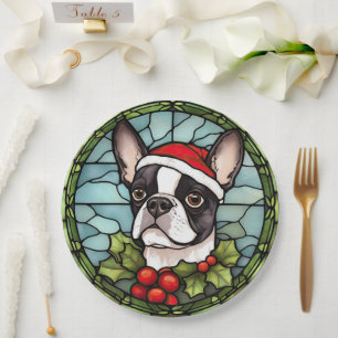 Boston Terrier Stained Glass Christmas Paper Plates