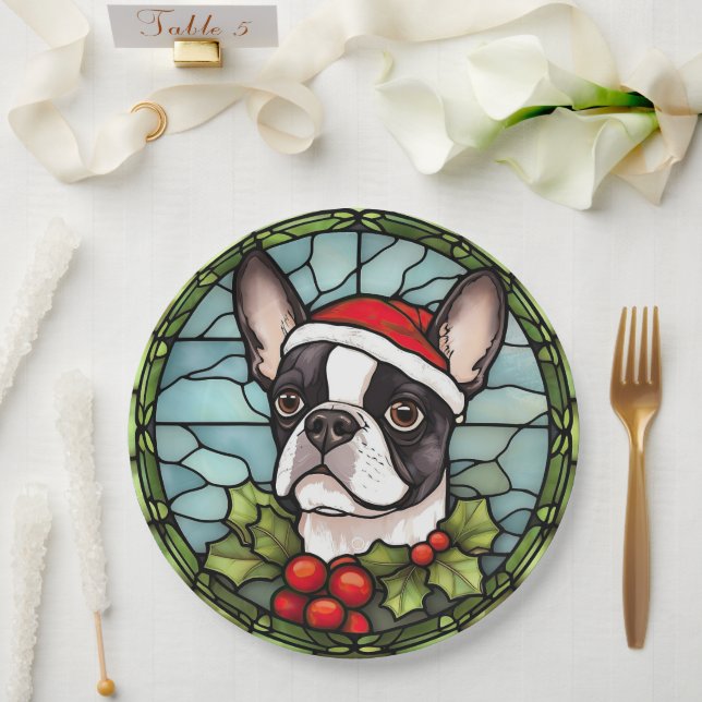 Boston Terrier Stained Glass Christmas Paper Plates (Wedding)
