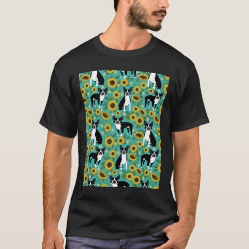 Boston Terrier Sunflower Floral Dog Breed Pet Port T_Shirt