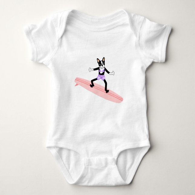 Boston Terrier Surfer Girl Baby Bodysuit (Front)