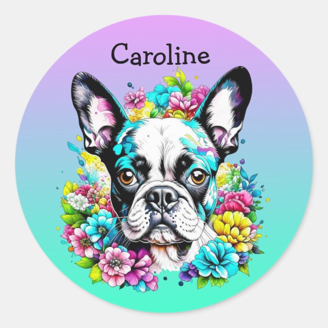 Boston Terrier surrounded by Flowers Personalized Classic Round Sticker (Front)