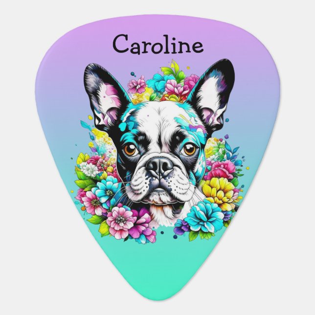 Boston Terrier surrounded by Flowers Personalized Guitar Pick (Front)
