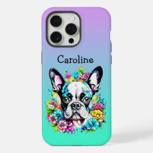 Boston Terrier surrounded by Flowers Personalized iPhone 15 Pro Max Case