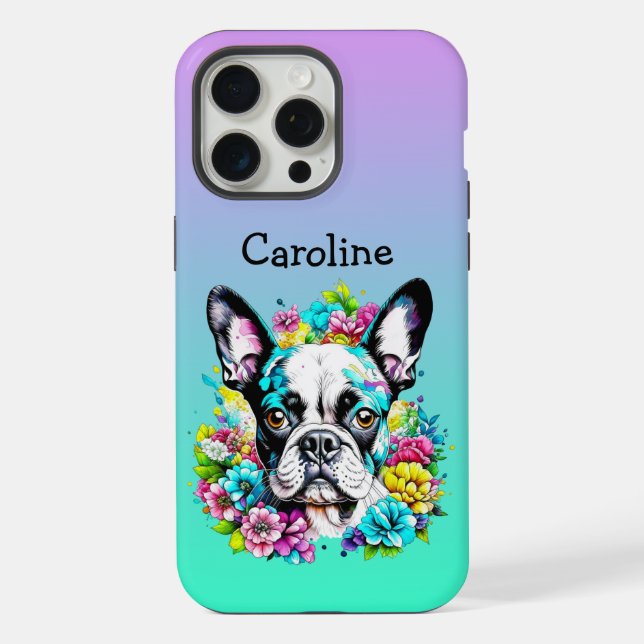 Boston Terrier surrounded by Flowers Personalized iPhone Case (Back)
