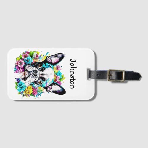 Boston Terrier surrounded by Flowers Personalized Luggage Tag