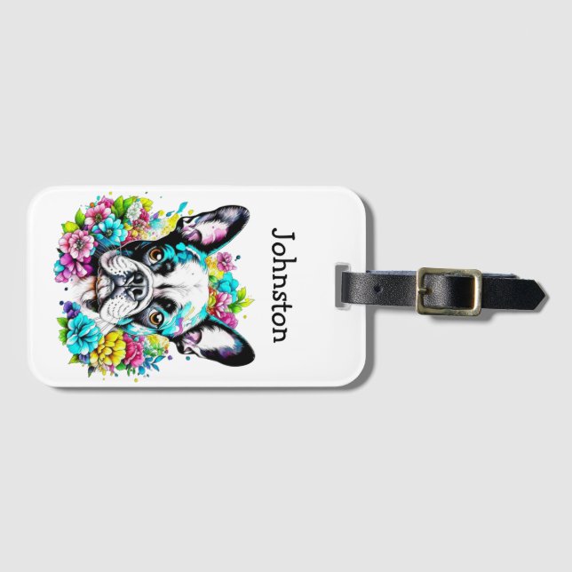 Boston Terrier surrounded by Flowers Personalized Luggage Tag (Front Horizontal)