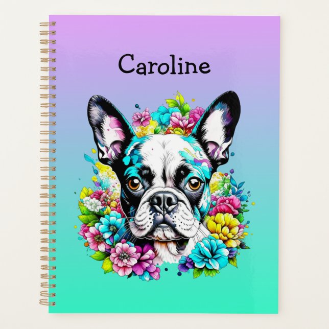 Boston Terrier surrounded by Flowers Personalized Planner (Front)