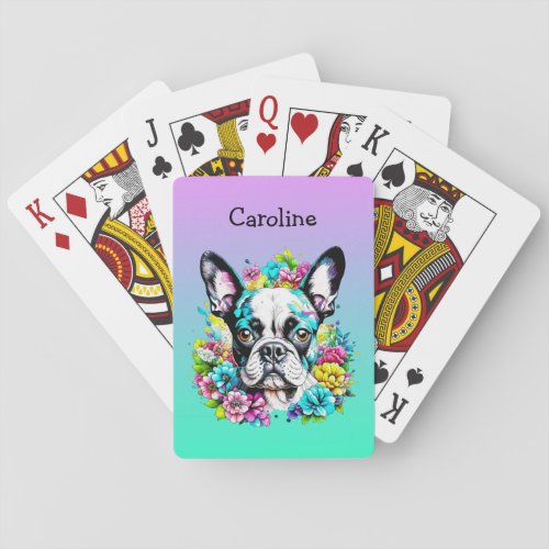 Boston Terrier surrounded by Flowers Personalized Playing Cards