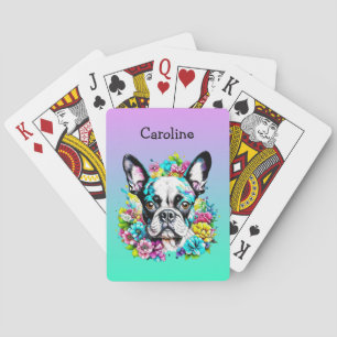 Boston Terrier surrounded by Flowers Personalized Poker Cards