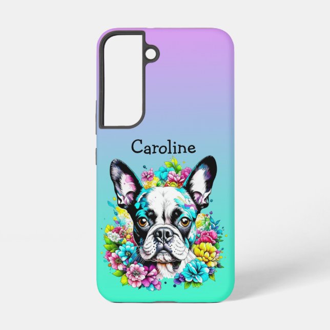 Boston Terrier surrounded by Flowers Personalized Samsung Galaxy Case (Back)