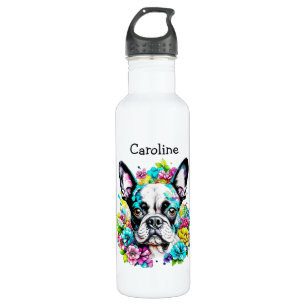 Boston Terrier surrounded by Flowers Personalized Stainless Steel Water Bottle