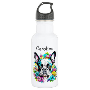 Boston Terrier surrounded by Flowers Personalized Stainless Steel Water Bottle