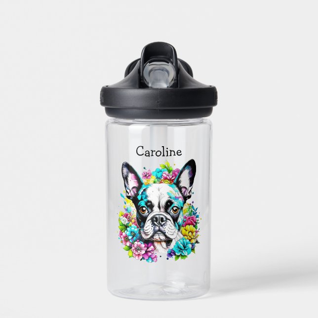 Boston Terrier surrounded by Flowers Personalized Water Bottle (Front)