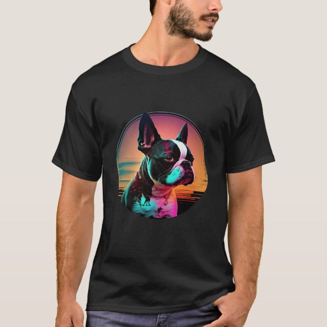 Boston Terrier Synthwave 80s Retrowave Aesthetic   T-Shirt (Front)