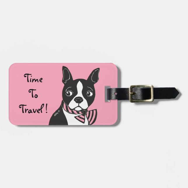 Boston Terrier Time To Travel Pink Luggage Tag (Front Horizontal)