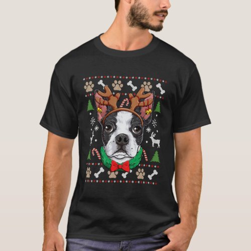 Boston Terrier Ugly Reindeer Antlers T_Shirt
