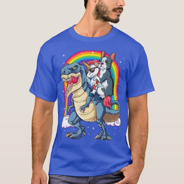 Boston Terrier Unicorn Riding Dinosaur T rex T-Shirt (Front)