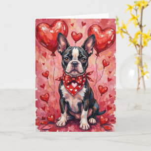 Boston Terrier Valentine’s Day Dog with Hearts Red Card