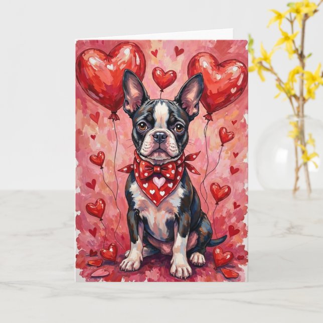 Boston Terrier Valentine’s Day Dog with Hearts Red Card (Yellow Flower)