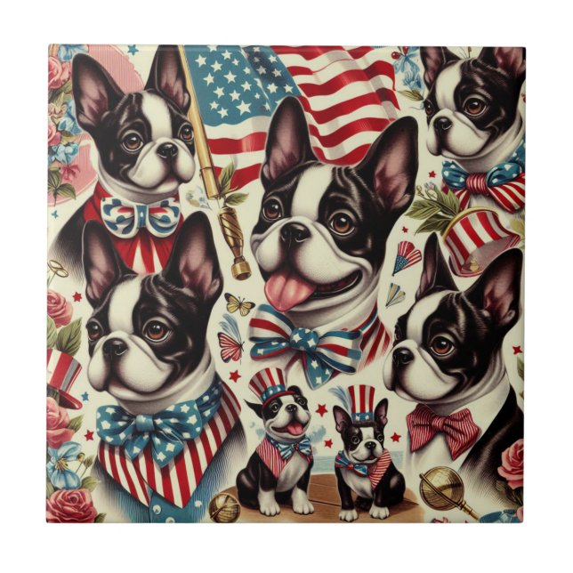 Boston Terrier Vintage Seamless Illustration Ceramic Tile (Front)
