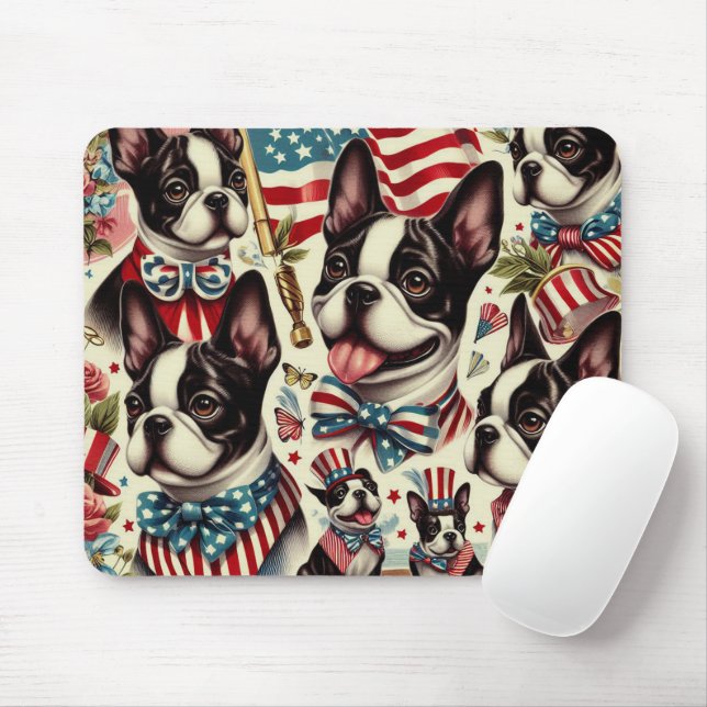 Boston Terrier Vintage Seamless Illustration Mouse Pad (With Mouse)