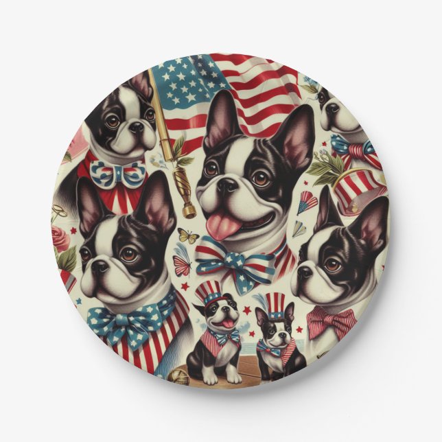 Boston Terrier Vintage Seamless Illustration Paper Plates (Front)