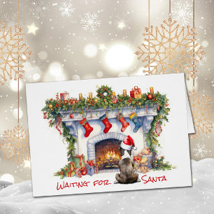 Boston Terrier Wait on Santa Christmas Fireplace Cards