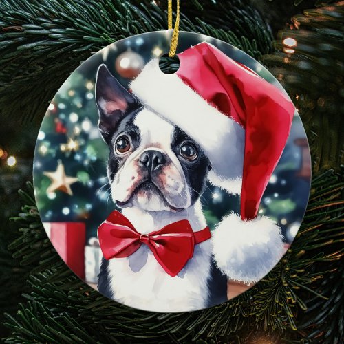Boston Terrier Watercolor Christmas Ceramic Ornament