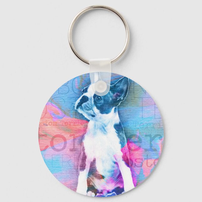 Boston Terrier Watercolor Digital Art Keychain (Front)