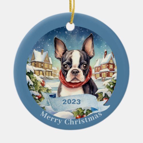 Boston Terrier Watercolor Dog Christmas Ceramic Ornament