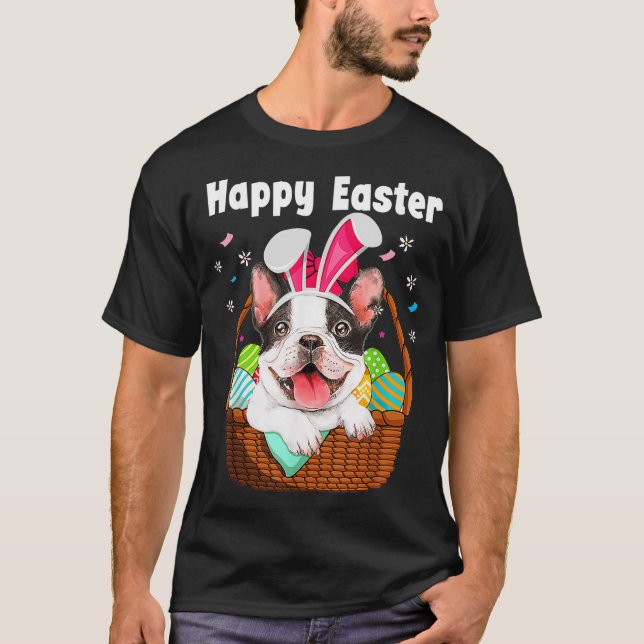 Boston Terrier Wearing Bunny Ears Easter Egg Baske T-Shirt (Front)