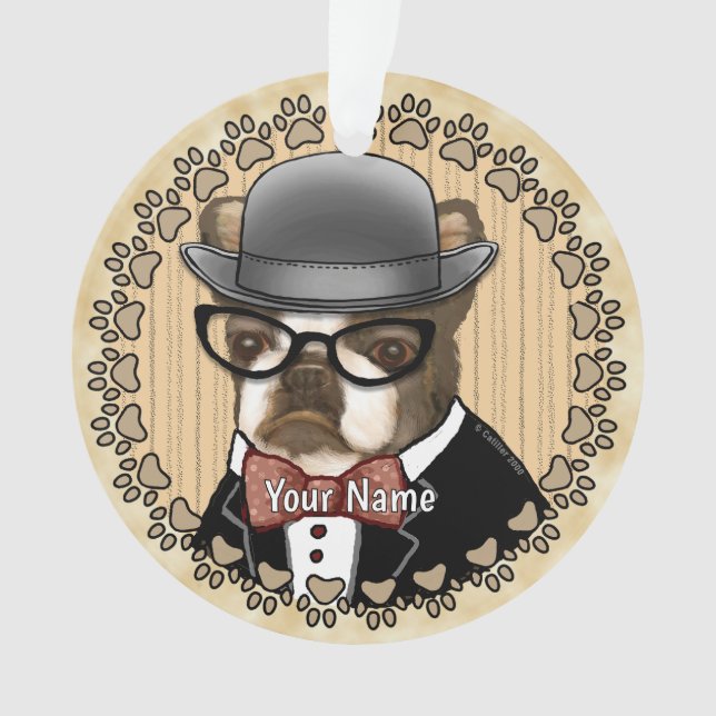 Boston Terrier Wearing Glasses Ornament (Front)