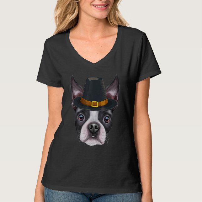 Boston Terrier Wearing Pilgrim Hat Thanksgiving T-Shirt (Front)