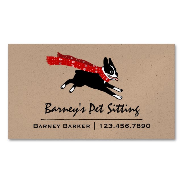 Boston Terrier Wearing Red Winter Scarf Business Card Magnet (Front)