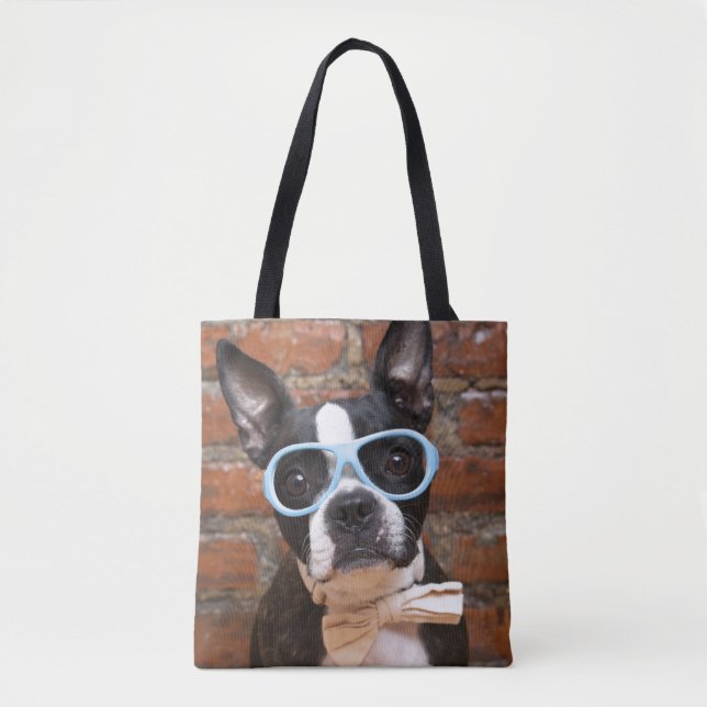 Boston Terrier Wearing Sunglasses And A Bow Tie Tote Bag (Front)