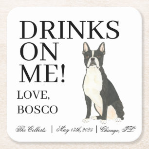 Boston Terrier Wedding Square Paper Coaster