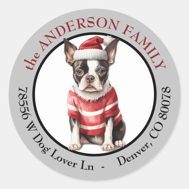 Boston Terrier Winter Sweater Return Address Classic Round Sticker (Front)