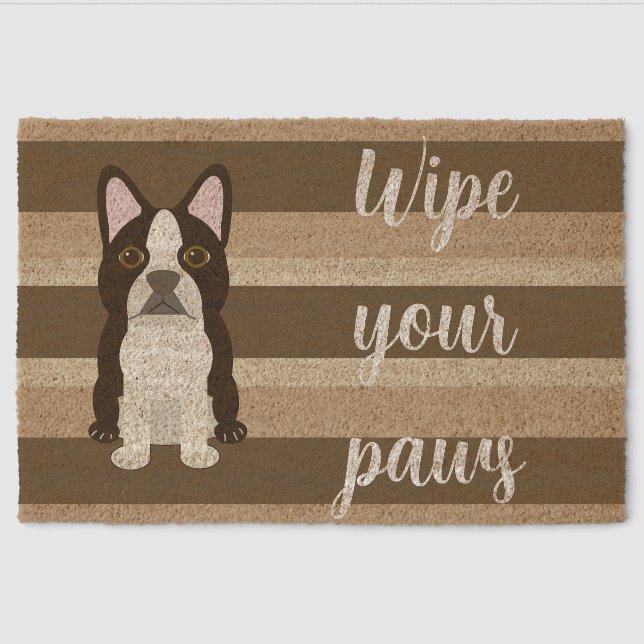 Boston Terrier Wipe your paws Neutral striped  Fiber Doormat (Front)