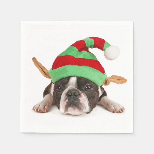 Boston Terrier With A Christmas Hat Paper Napkins (Front)