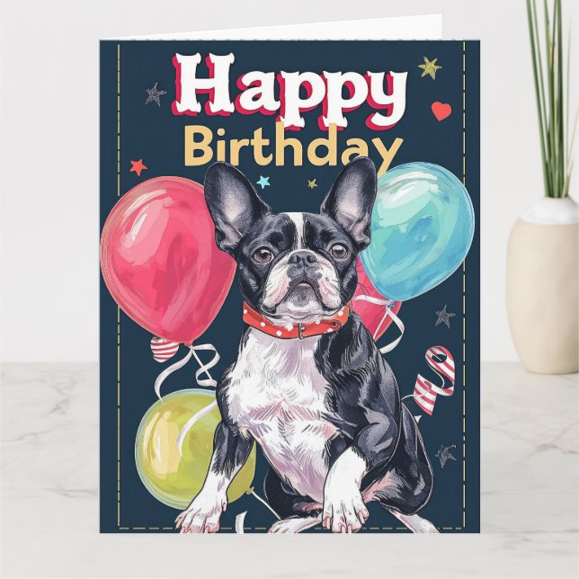 Boston Terrier with Balloons Card (Front)