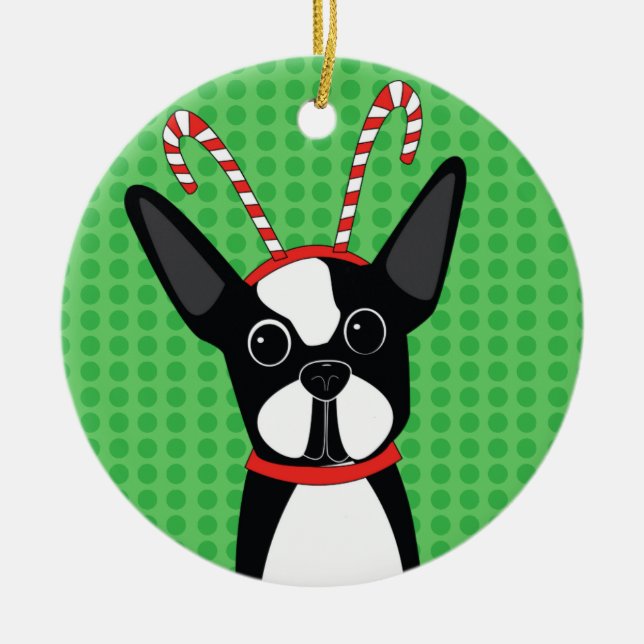 Boston Terrier with Candy Cane Headband Ornament (Front)