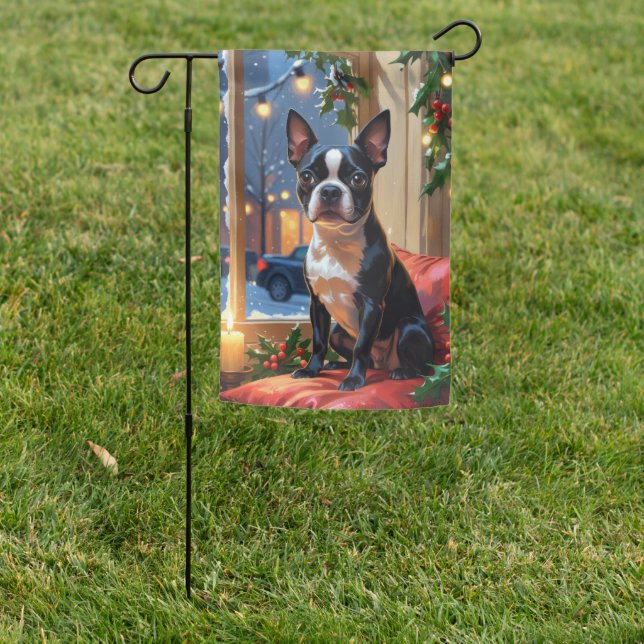 Boston Terrier with Christmas Lights Holiday Garden Flag (In SItu)
