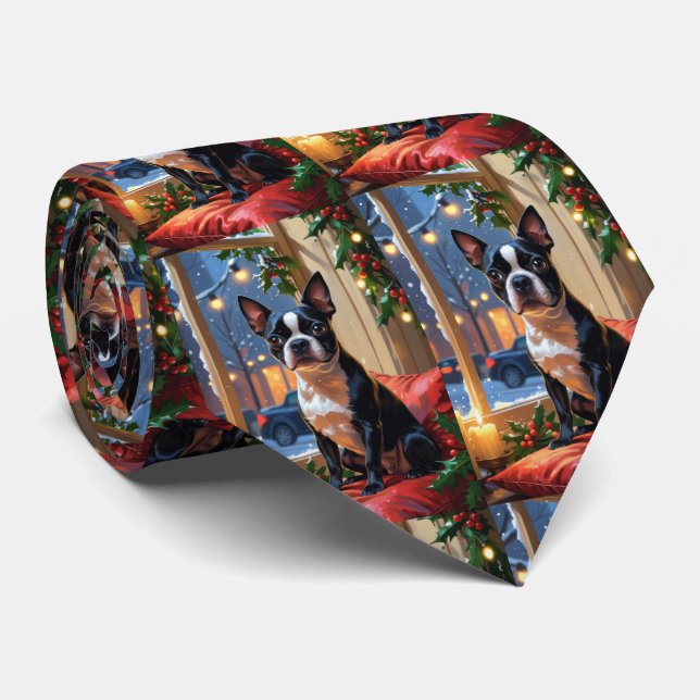 Boston Terrier with Christmas Lights Holiday Neck Tie (Rolled)