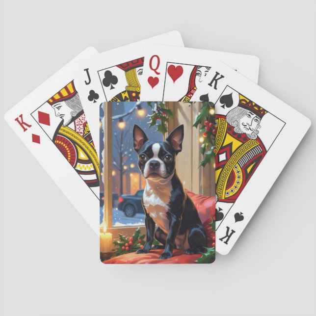 Boston Terrier with Christmas Lights Holiday Poker Cards (Back)