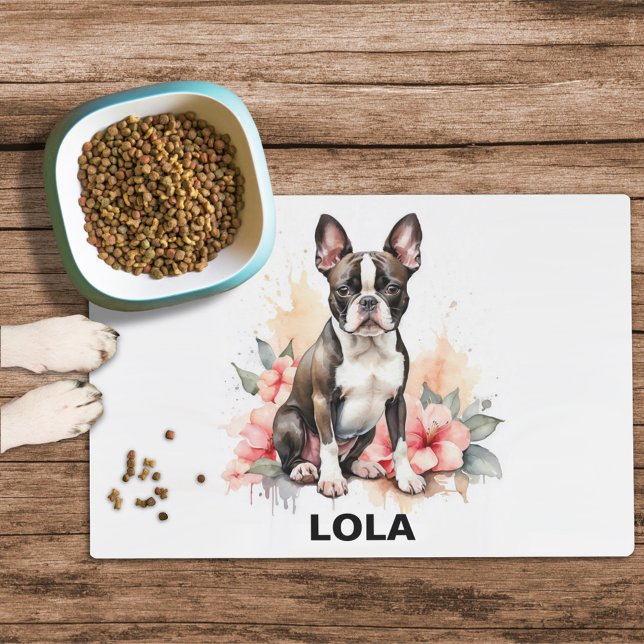 Boston Terrier with Custom Name Pet Food Mat (Creator Uploaded)
