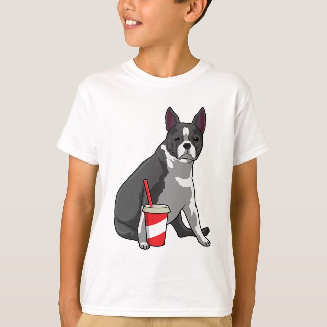 Boston Terrier with Drink T-Shirt (Front)