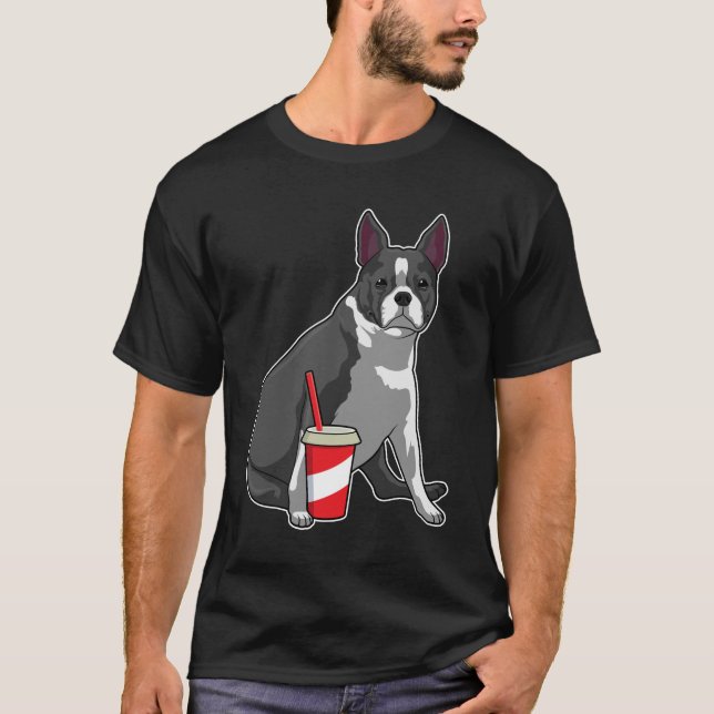 Boston Terrier with Drink T-Shirt (Front)