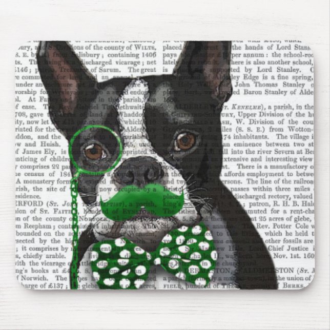 Boston Terrier With Green Moustache And Spotty 2 Mouse Pad (Front)