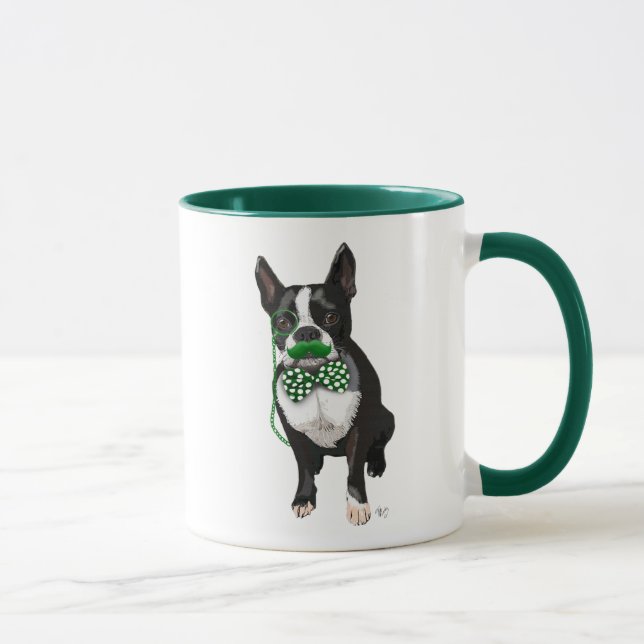 Boston Terrier With Green Moustache And Spotty Mug (Right)