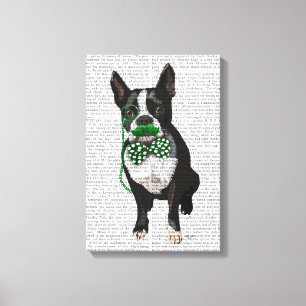 Boston Terrier With Green Moustache & Spotted Tie Canvas Print
